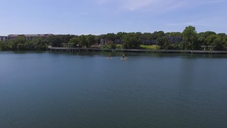 Aerial-View-of-the-Lady-Bird-Lake-in-Austin,-Texas---camera-tilting