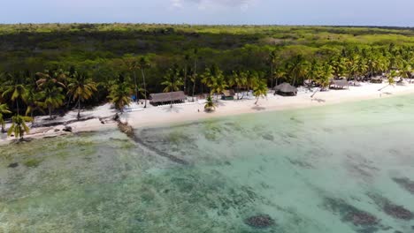 Aerial-view-flying-forward-to-wonderful-tropical-beach-resort-with-turqoise-clear-sea-and-palm-trees,-Dominicana