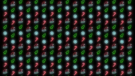 Neon-Christmas-Pattern-Background-of-Christmas-Tree,-Snowflake,-Santa-Hat-and-Candy-Cane-in-Red-Black-and-White-Looping-animation