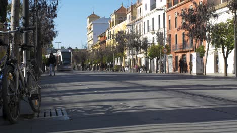 Sevilla's-tramway-circulating-on-a-pedestrian-street