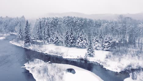 Foggy-Winter-Landscape---Drone-Flying-4K---Mountains---Trees,-rivers,-snowy