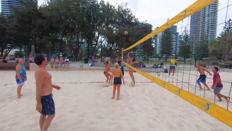 Competition-Beach-Volleyball-on-the-beach-at-Broadbeach,-Gold-Coast,-Australia,-golden-hour