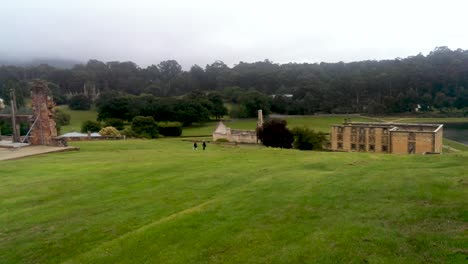 Slow-pan-of-old-building-remains,-Port-Arthur,-Tasmania-2013