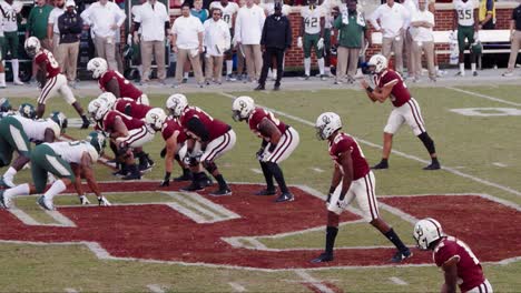 Ein-Quarterback-Fängt-Den-Ball-Und-übergibt-Ihn-An-Einen-Running-Back,-Der-In-Zeitlupe-über-Das-Feld-Fährt-Und-Einen-Touchdown-Erzielt.