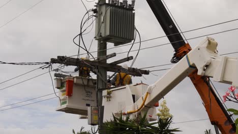 Electrical-contractors-work-at-repairing-fallen-power-lines-from-a-recent-tropical-cyclone