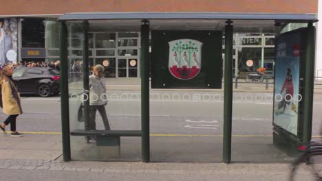 View-from-behind-of-a-bus-stop-with-people-passing-by-and-sitting-on-the-bench