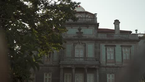 Palacete-Pinto-Leite-building-seen-from-outside-during-sunset,-Porto,-Portugal