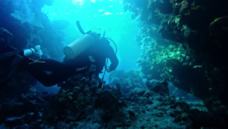 Diver-penetrating-the-seabed,-coral-rocks-around