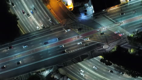 Aerial-view-of-Altino-Arantes-building,-called-Banespao,-at-sunset,-Sao-Paulo-downtown,-Brazil