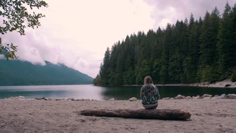 Parallax-shot-of-a-woman-sitting-on-a-log-beside-a-peaceful-lake-in-Vancouver,-Canada