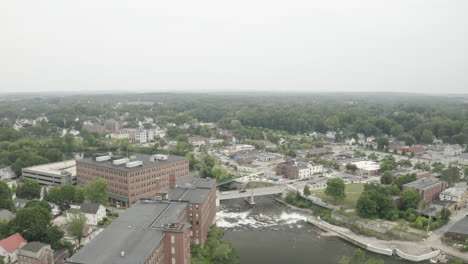 Aerial-Fly-Over-Drone-Footage-over-Downtown-Westbrook-in-Maine,-Cumberland-County,-USA