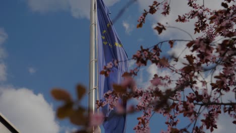 Asta-De-Bandera-De-La-Unión-Europea-Ondeando-En-El-Viento-Detrás-De-Un-Cerezo-En-Flor