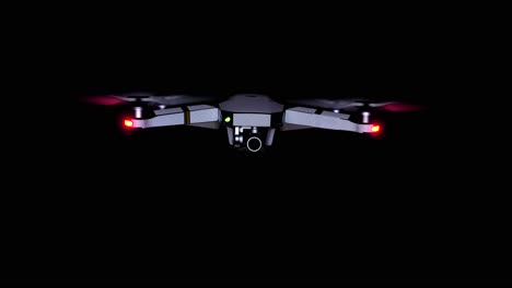 Close-front-view-of-drone-with-red-lights,-real-time,-isolated-black-background