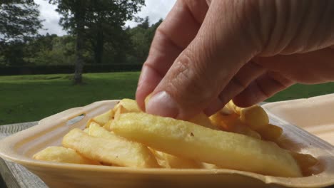 Hand-picking-up-chips-outside-in-park