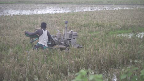 Farmer-running-a-harvester-machine-through-a-paddy-field