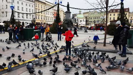 Multitud-Y-Muchas-Palomas-En-La-Feria-Navideña-De-Cracovia,-Polonia.