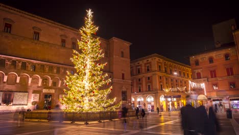 árbol-De-Navidad-Y-Decoraciones-Festivas-Por-La-Noche-En-Piazza-Maggiore,-Bolonia