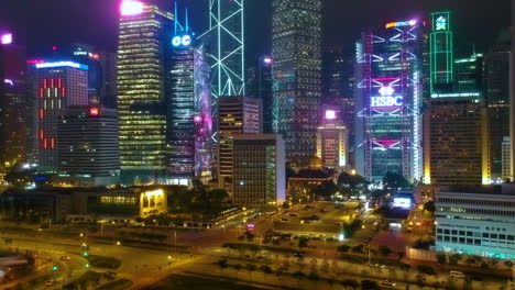 Hong-Kong-Skyscrapers-And-Skyline---HSBC-Main-Building-With-Colorful-Light-Display-At-Night-In-Central,-Hong-Kong