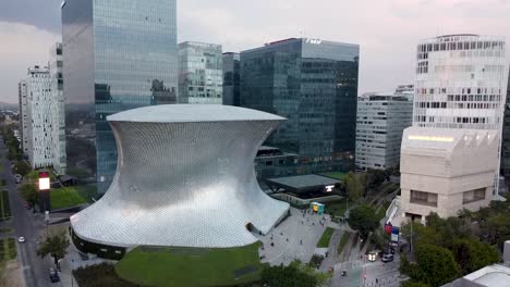 Aerial-view-of-museum-Soumaya-and-museum-Jumex-in-Polanco,-Mexico-City