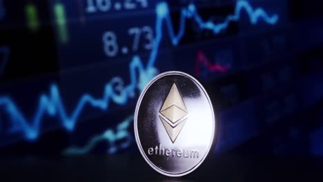 Rotierende-Ethereum-Münze,-Goldene-Münze-Mit-Ethereum,-ETH-Symbol,-Dreht-Sich-Um-Das-Ethereum-Symbol,-ETH,-Mit-Pulsierendem-Licht