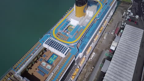 Aerial-view-of-the-top-of-Costa-Pacifica-cruise-ship-docked-in-the-port-of-Pointe-à-Pitre,-Guadeloupe