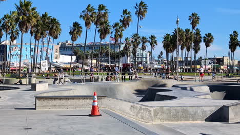 Statische-Aufnahme,-Leute,-Die-Im-Skatepark-Mit-Palmen-In-Venice-Beach,-Los-Angeles,-Kalifornien,-USA-Skateboard-Fahren