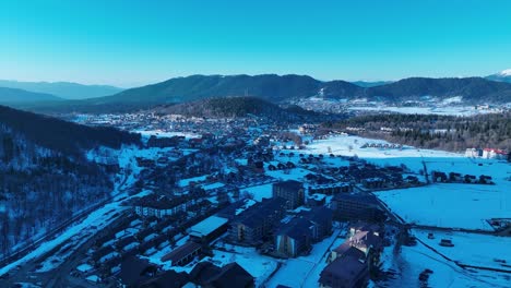 Eine-Atemberaubende-Luftaufnahme-Eines-Dichten,-Schneebedeckten-Waldes-Mit-Majestätischen-Schneebedeckten-Bergen-Im-Hintergrund,-Die-Die-Unberührte-Schönheit-Des-Winters-Einfängt