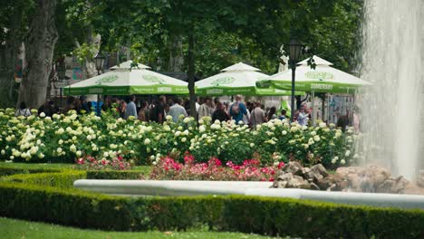 Menschen-Versammelten-Sich-Unter-Sonnenschirmen-In-Einem-Park-In-Der-Nähe-Eines-Brunnens-Und-Blumenbeeten-Auf-Zagrebs-Cest-Is-D&#39;best-Straßenfest