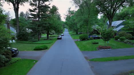 Drone-shot-on-peaceful-street-of-green-neighborhood-in-american-suburb