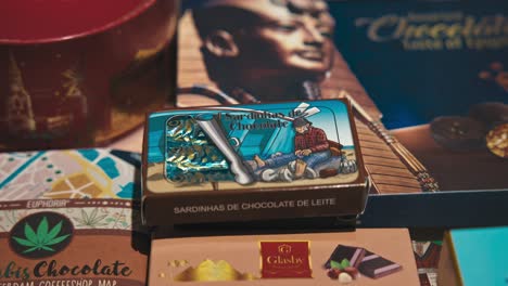 Colorful-assortment-of-unique-chocolate-packaging,-including-sardine-themed-chocolate,-at-Zagreb's-Chocolate-Museum