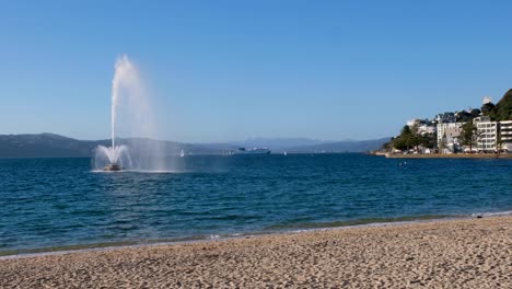 Scenic-view-of-Oriental-Bay-beach,-water-fountain-and-passenger-ferry-in-harbour-in-Wellington,-New-Zealand-Aotearoa