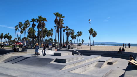 Skater-Genießen-Die-Rampen-In-Einem-Sonnigen-Venice-Beach-Skatepark-Mit-Palmen-Und-Meerblick