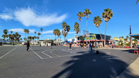 Black-americans-play-basketball-in-venice-beach-court-surrounded-by-palm-trees-and-blue-skyline,-static-shot