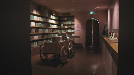 Museum-room-with-shelves-of-books-and-a-cart-display-at-Zagreb's-Chocolate-Museum