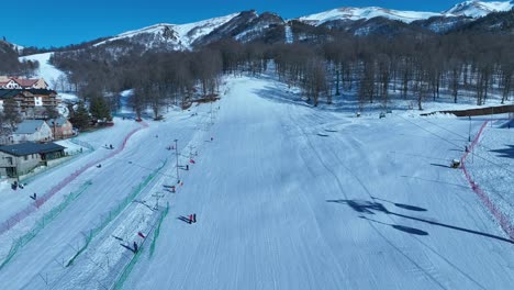 Una-Vista-Aérea-De-Un-Claro-Nevado-En-Un-Denso-Bosque,-Con-árboles-Cubiertos-De-Nieve-Que-Crean-Un-Paisaje-Invernal-Sereno-Y-Tranquilo