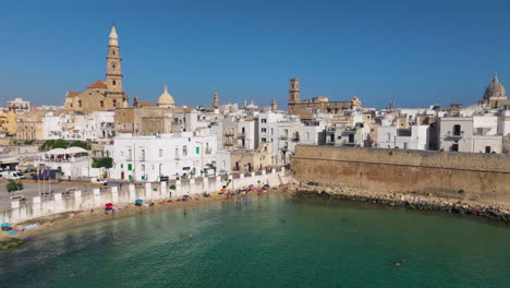 People-On-The-Beach-On-Adriatic-Sea-In-Monopoli,-Italy---Aerial-Drone-Shot