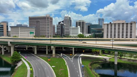 Downtown-Orlando,-Florida-with-office-buildings-and-highways