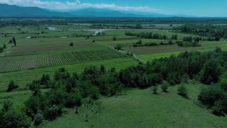 Vista-Aérea-De-Un-Pintoresco-Río-Que-Fluye-A-Través-De-Campos-Verdes-Y-Tierras-De-Cultivo,-Destacando-La-Belleza-Natural-Y-El-Paisaje-Agrícola