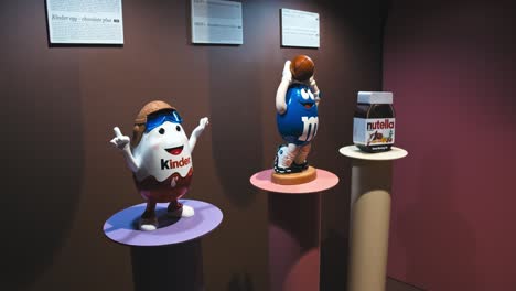 Display-featuring-Kinder,-M-and-M,-and-Nutella-characters-at-Zagreb's-Chocolate-Museum