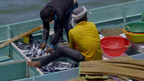 Frisch-Gefangener-Fisch-Wird-Von-Einem-Fischerboot-In-Fischkisten-Entladen,-Größter-Fischereihafen-In-Kerala