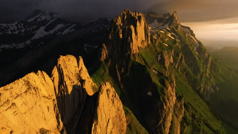 Sunset-At-The-Ridge-Of-The-Schafler-Peak-In-Switzerland---Aerial-Drone-Shot