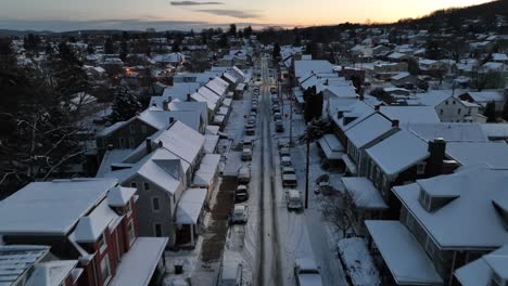 Quiet-snowy-neighborhood-at-golden-sunrise