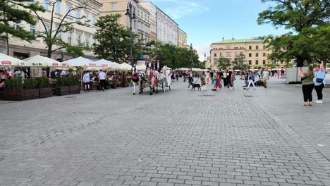 Wide-shot-of-horse-carriages-on-the-streets-of-Krakow-main-square-in-the-evening