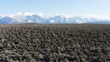 Alabama-hills-and-owens-river-gorge-with-snow-capped-mountains-in-the-distance,-aerial-view