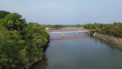 Aerial-view-of-rustic-bridge-crossing-over-serene-river-waters-in-tropical-rainforest-setting-in-Catanduanes,-Philippines