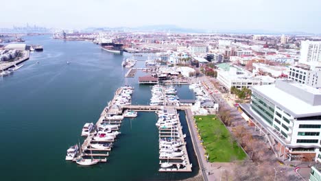 Oakland-City-Waterfront,-Aerial-View-of-Marina-and-Inner-Harbor,-California-USA