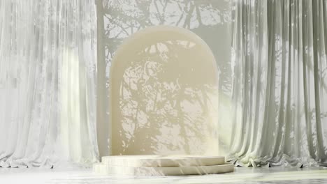 Empty-white-podium-with-arch-on-white-floor-and-draped-curtains,-with-tree-shadows