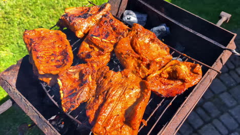 Leckeres-Schweinesteak-Auf-Holzkohlegrill-Im-Freien-Kochen