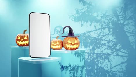 Smartphone-mockup-with-three-jack-o'-lanterns,-on-blue-background