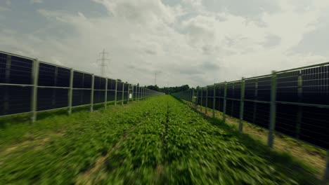 Drone-Pasando-Entre-Los-Paneles-Solares-Instalados-En-Filas-Entre-Los-Campos,-Sistema-Fotovoltaico-Agrícola,-Estiria,-Austria